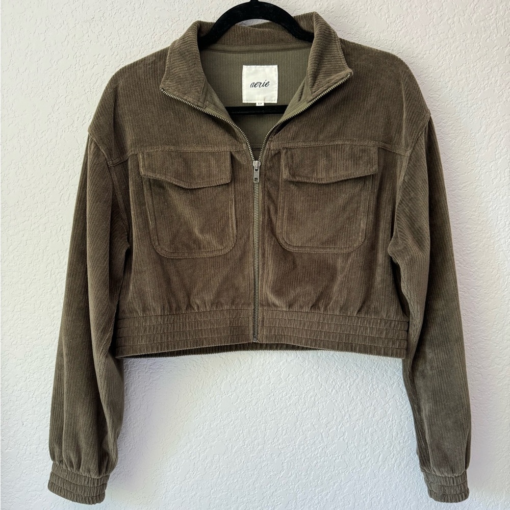Aerie Jacket Women‎ Small Olive Green Corduroy Cropped Zip Up Casual